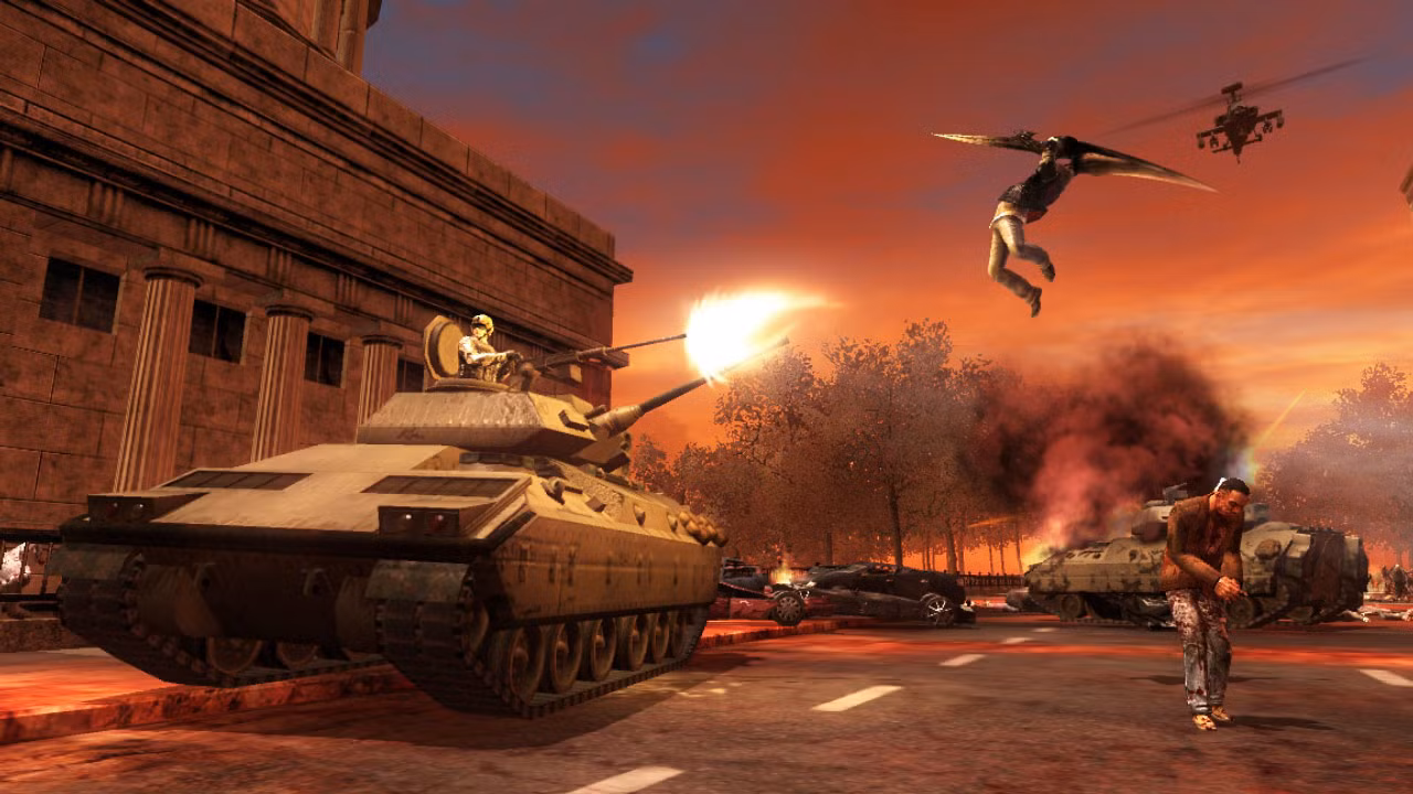 Alex Mercer jumping to attack a tank