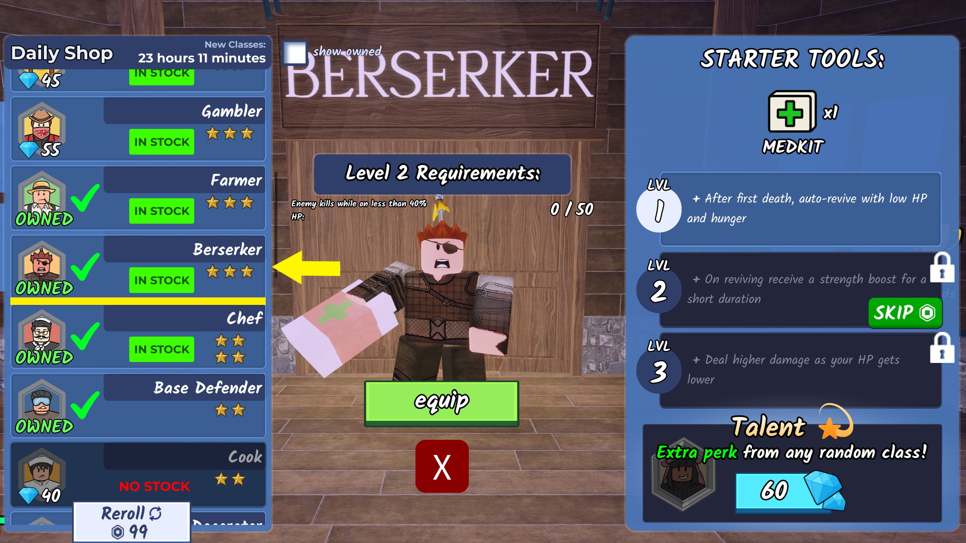 The Berserker class in 99 Nights in the Forest, showing its start tools and talents on the right side.