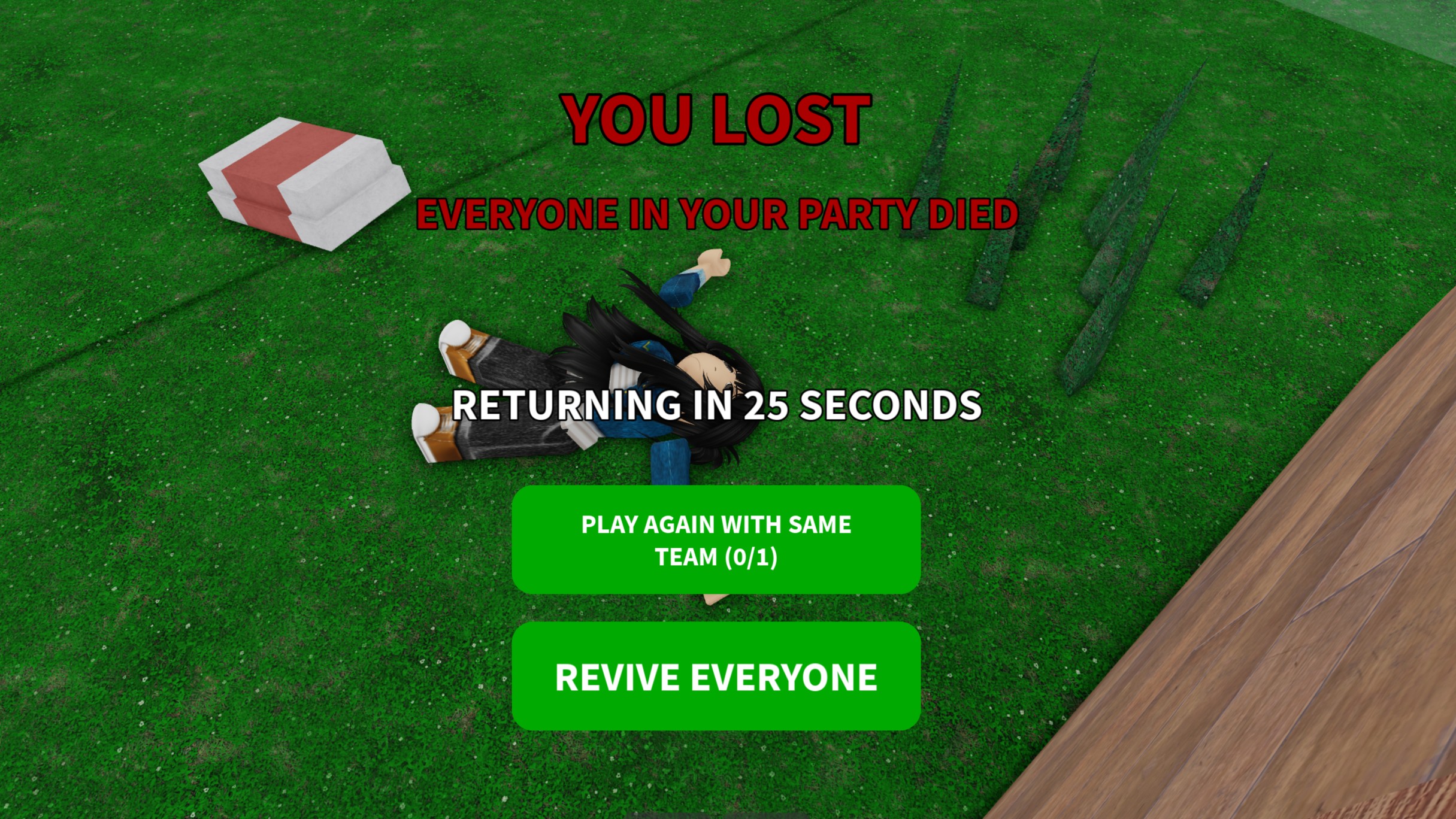 The gameover screen from 99 Nights in the Forest which reads 'You lost. Everyone in your party has died. Returning in 25 seconds,' and has options to restart from day one or revive everyone.