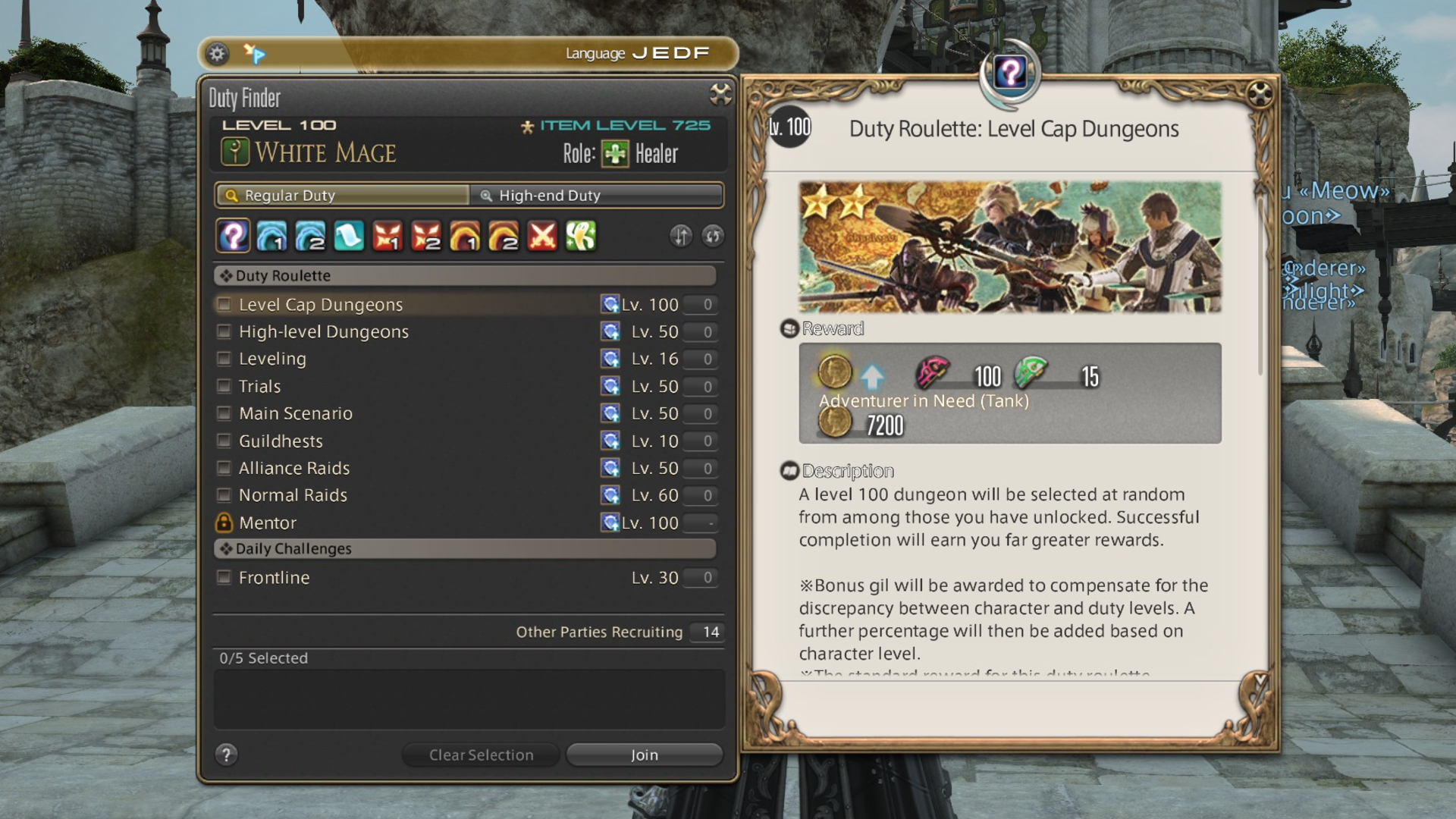 The duty roulette screen in Final Fantasy 14.