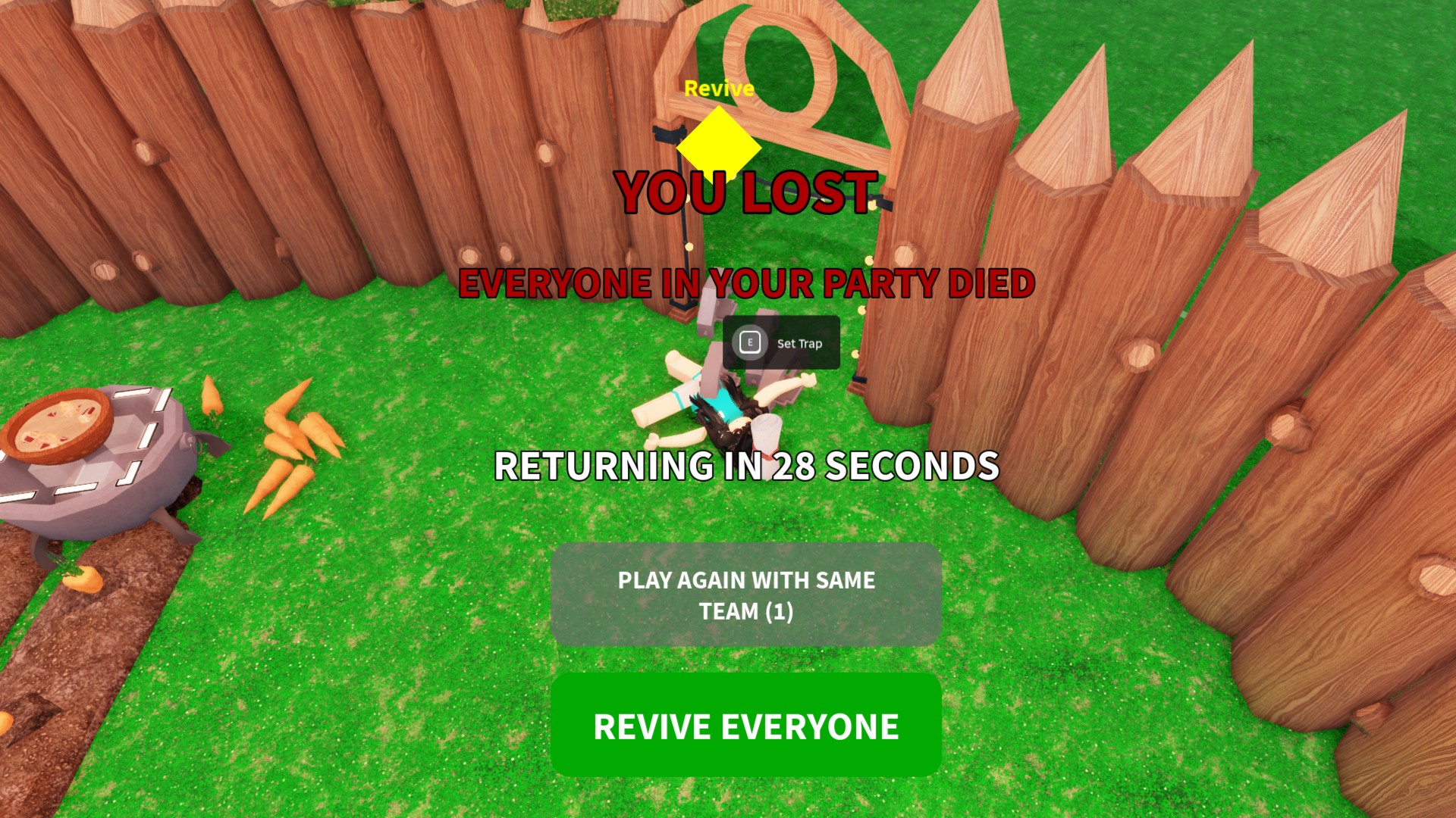 The 99 Nights in the Forest game over screen, showing a Roblox character dead with big 'YOU LOST' text.