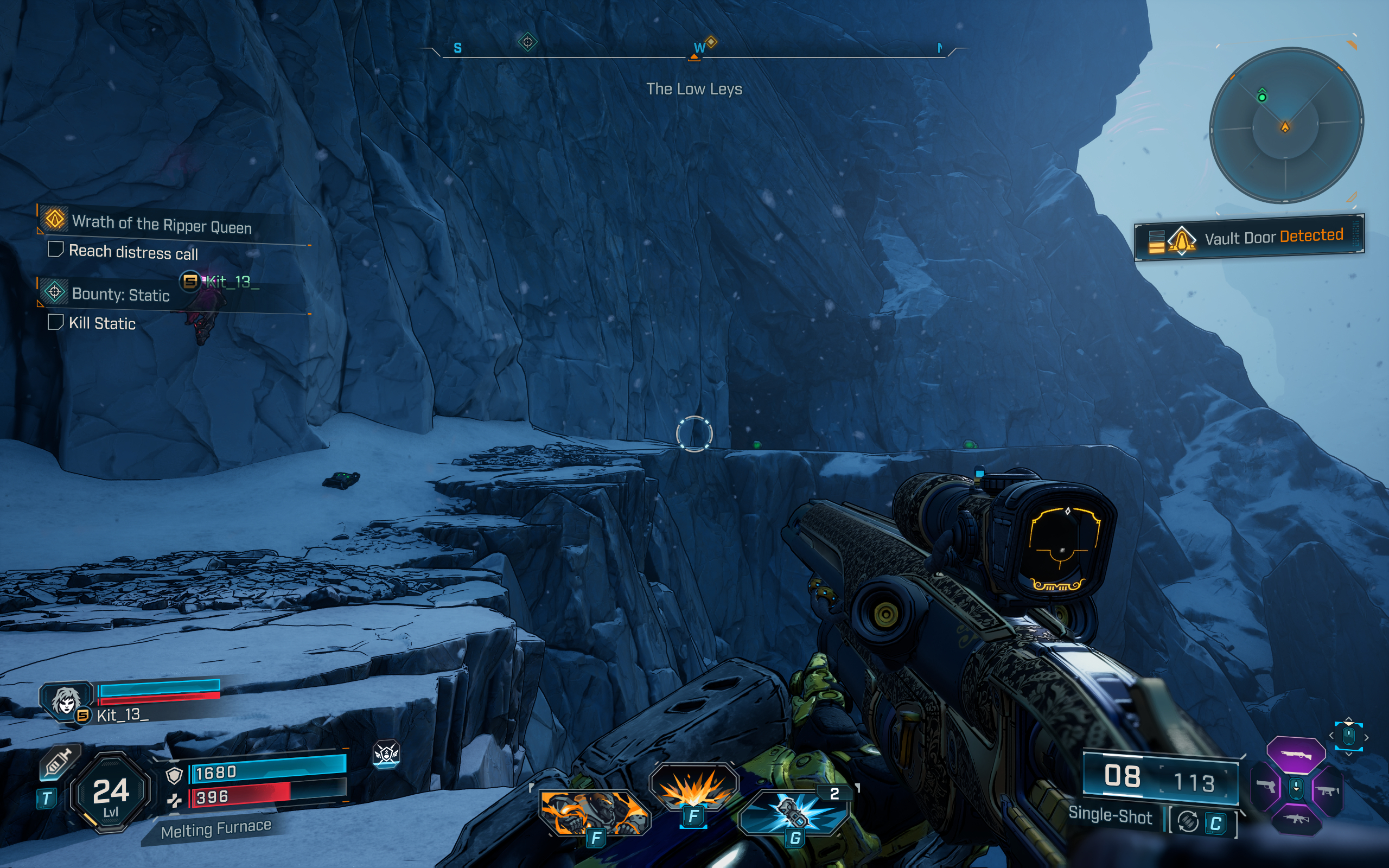 Borderlands 4 Kaoson location: A player walking along a snowy ledge towards a cave opening, where the Arch of Origo vault can be found.