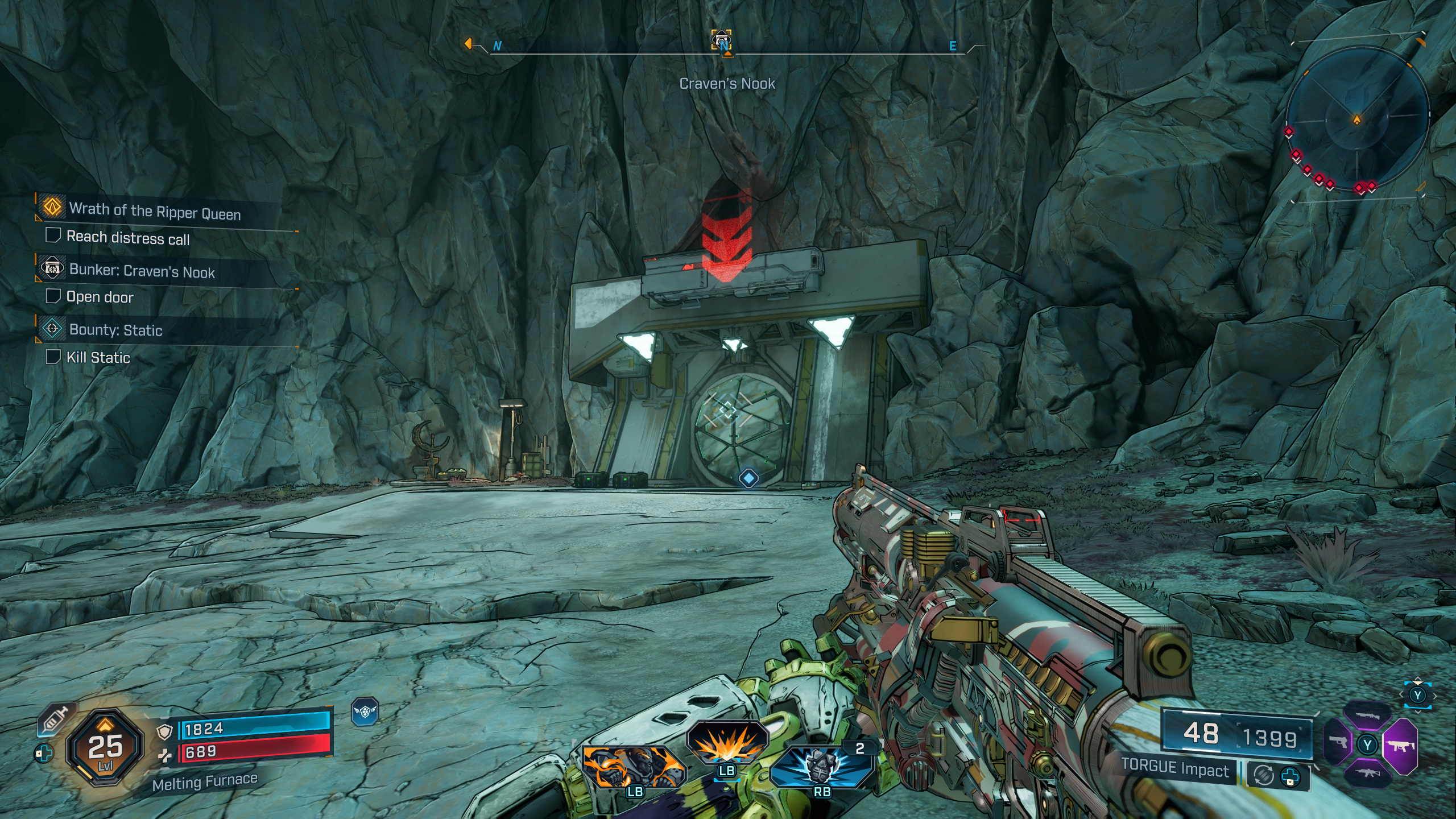Borderlands 4 Hot Slugger location: A player looking at the sealed vault door to the Craven's Nook Order bunker, hidden inside a cave.