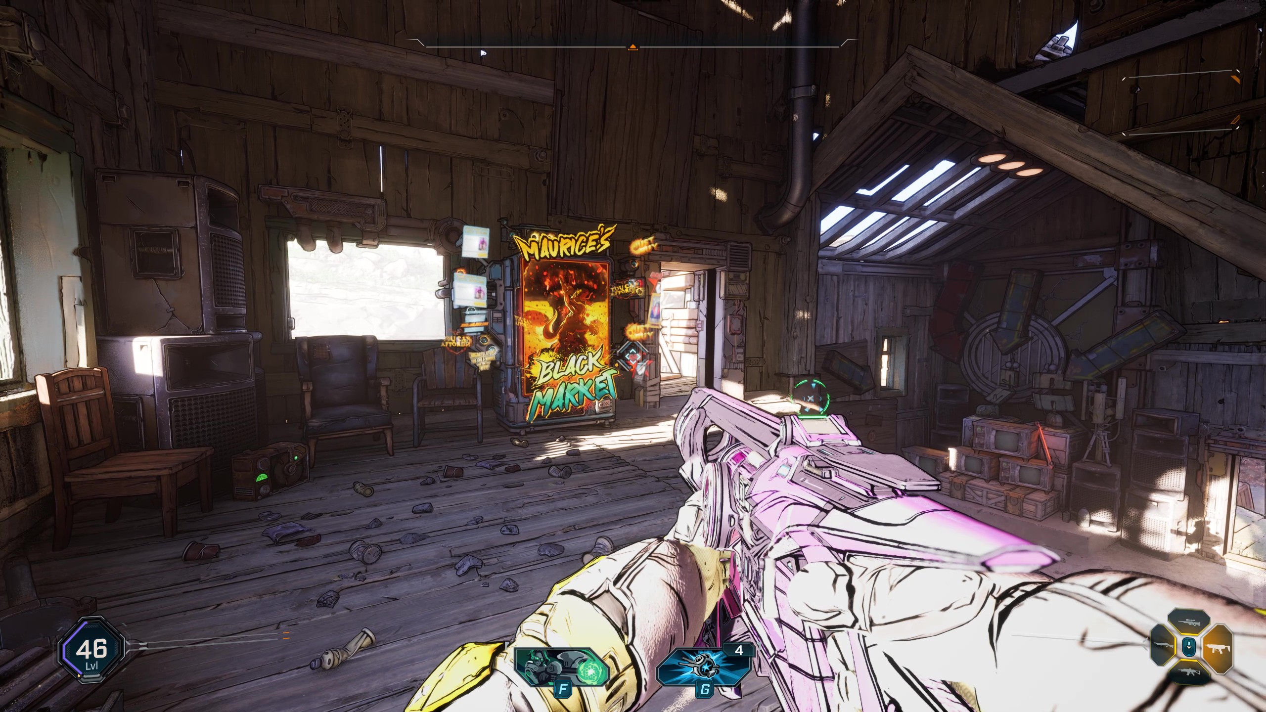 Borderlands 4 Black Market machine inside a wooden building in Rattlehead Crest.