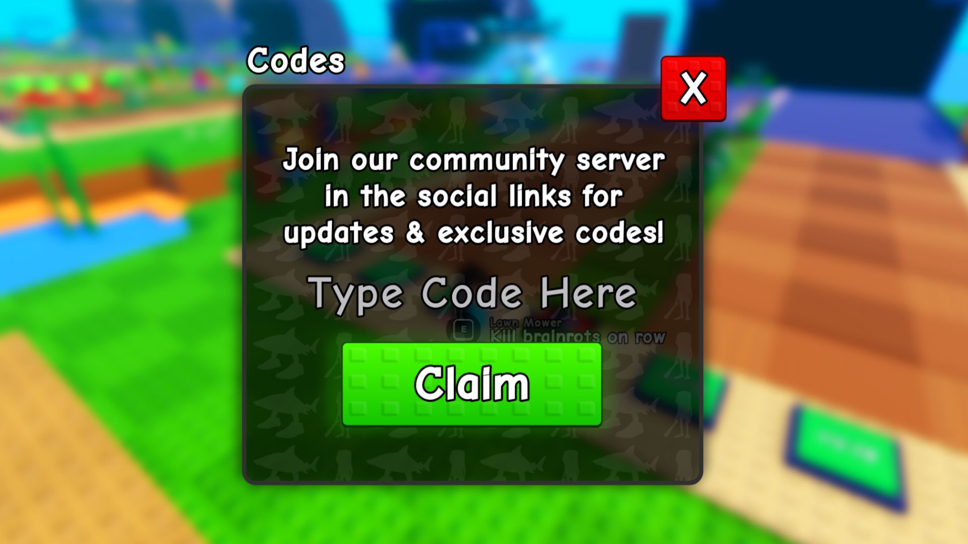 The final Plants vs Brainrots code redemption screen. There's a place that says 'Type Code Here' in the center and a green 'Claim' button at the bottom.