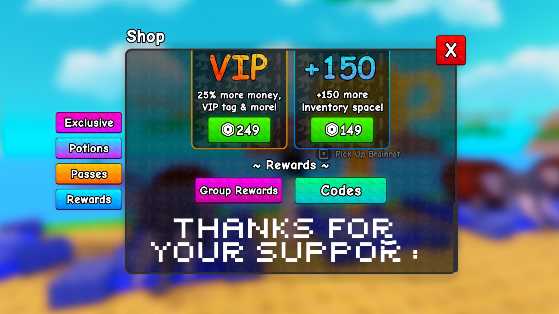The Plants vs Brainrots shop, with a blue 'Codes' option in the bottom right.