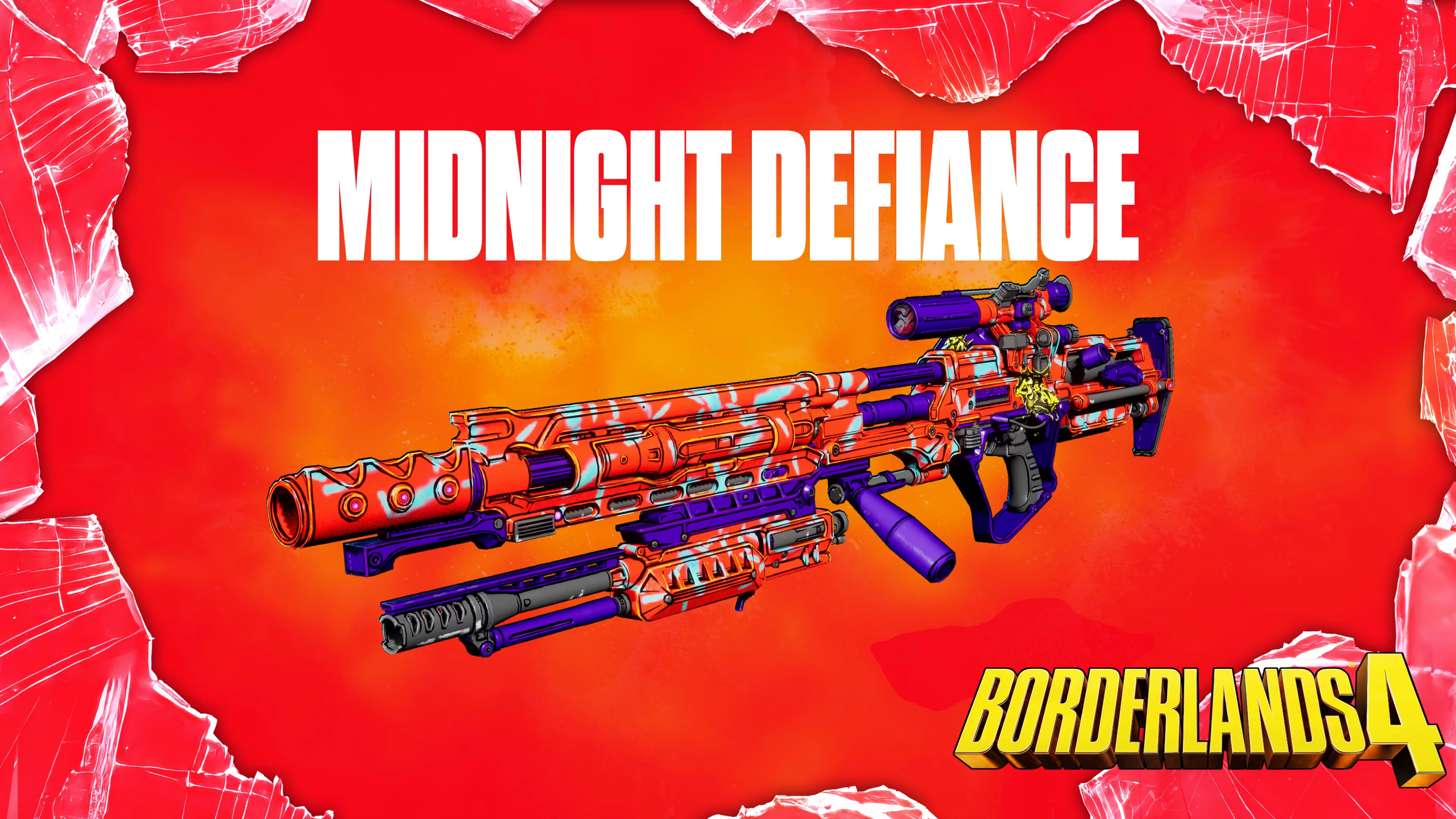 Borderlands 4 Twitch Drops: The Midnight Defiance sniper rifle against a red background, framed by broken glass.