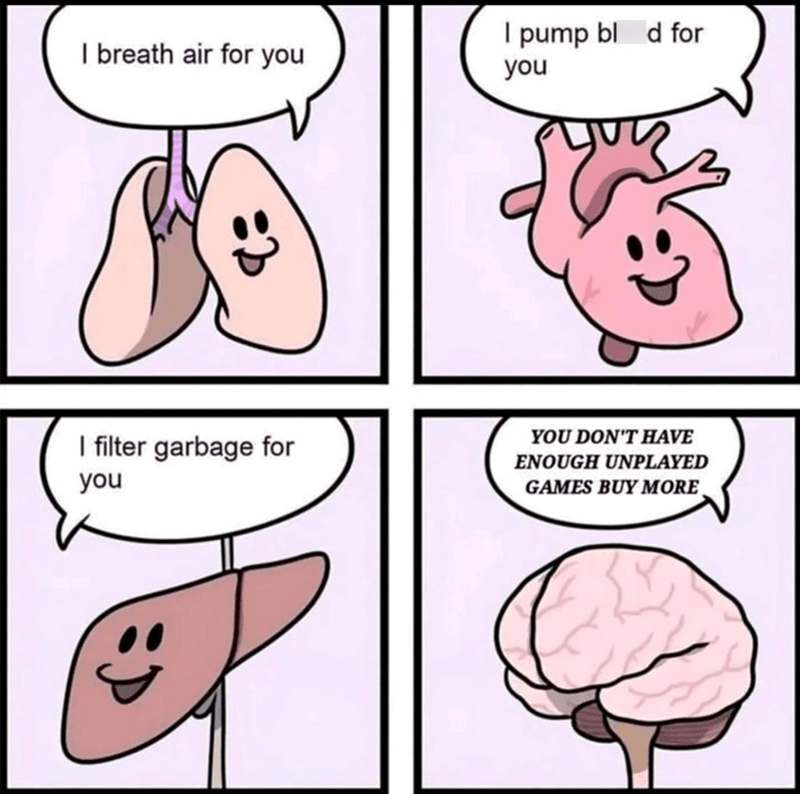 I breathe air for you I filter garbage for you I pump bl d for you YOU DON'T HAVE ENOUGH UNPLAYED GAMES BUY MORE