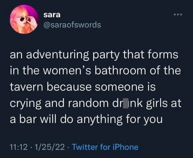 An adventuring party that forms in the women's bathroom of the tavern.