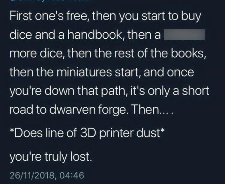 A warning about the path of dice and miniatures.