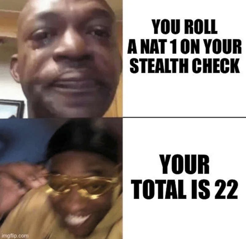 imgflip.com YOU ROLL A NAT 1 ON YOUR STEALTH CHECK YOUR TOTAL IS 22