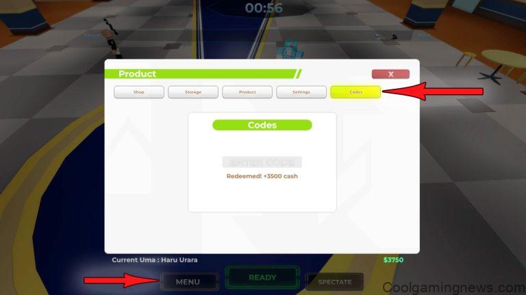 Uma Racing codes menu