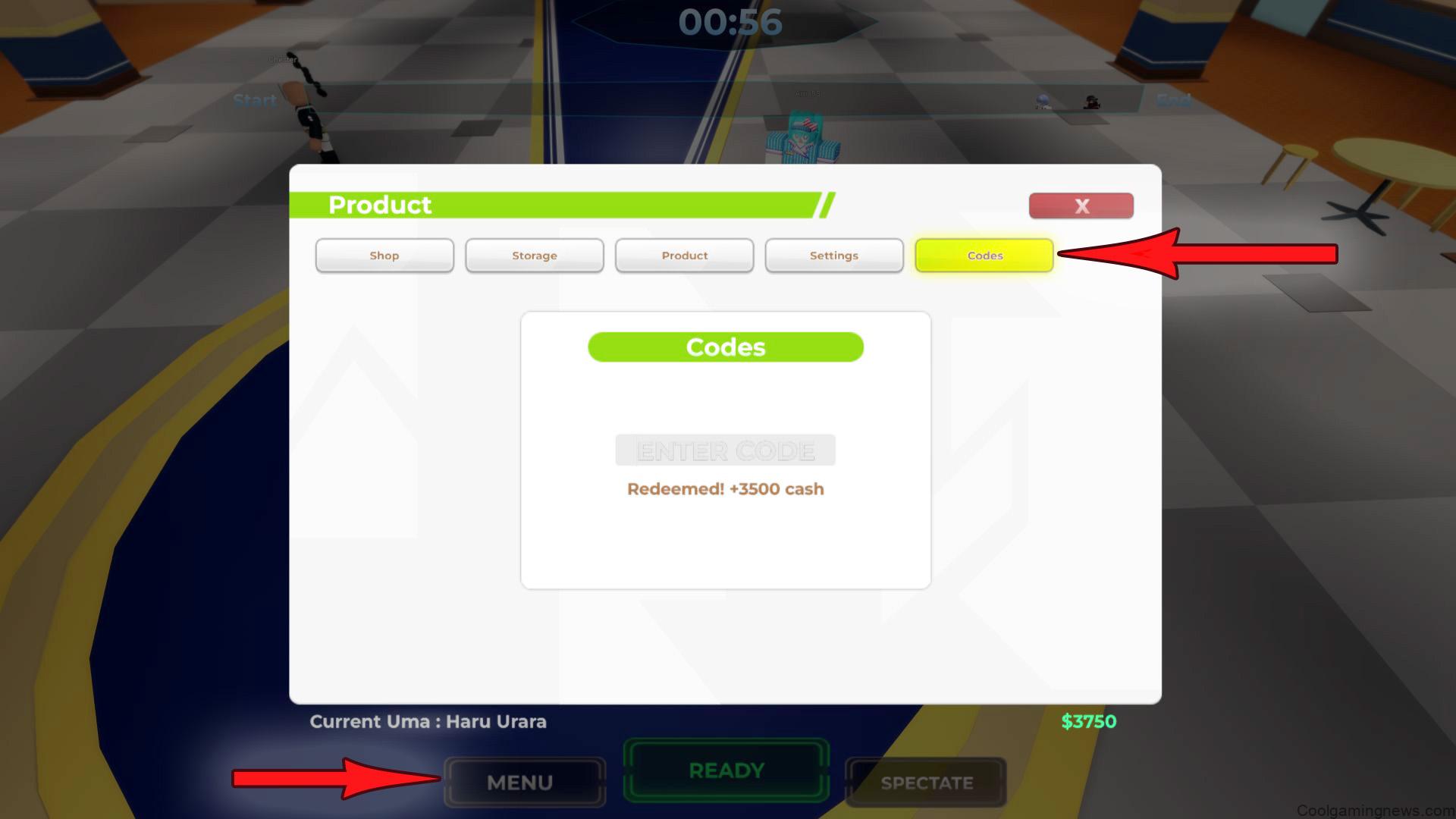 Uma Racing codes menu