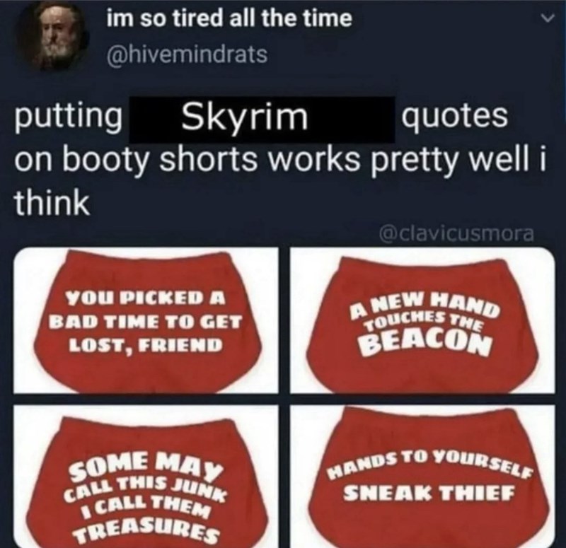 Putting Skyrim quotes on booty shorts works pretty well