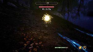 Oblivion will-o-the-wisps: A player fighting a will-o-the-wisp by a river at night.
