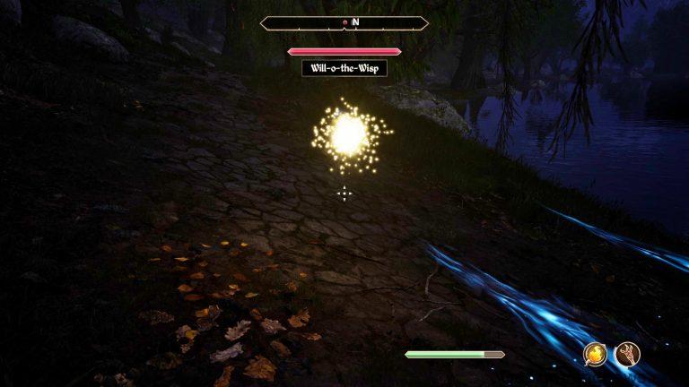 Oblivion will-o-the-wisps: A player fighting a will-o-the-wisp by a river at night.