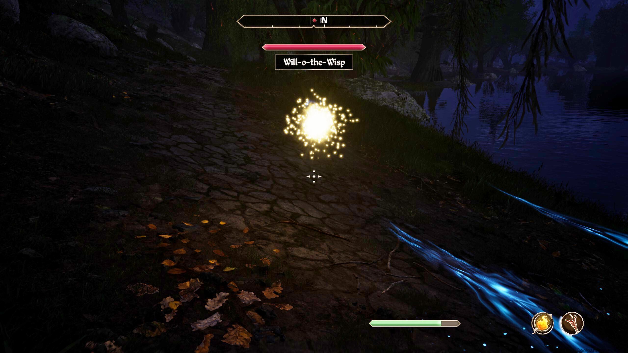 Oblivion will-o-the-wisps: A player fighting a will-o-the-wisp by a river at night.
