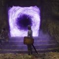 Oblivion Remastered - a player stands outside a swirling purple portal in a tree