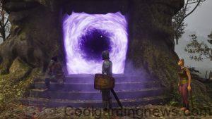 Oblivion Remastered - a player stands outside a swirling purple portal in a tree