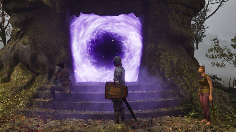 Oblivion Remastered - a player stands outside a swirling purple portal in a tree