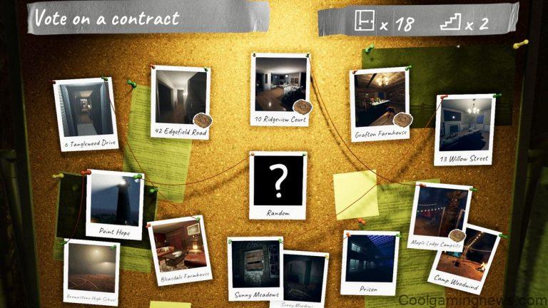 The contract selection screen for Phasmophobia, some map levels are highlighted by small nest icons.