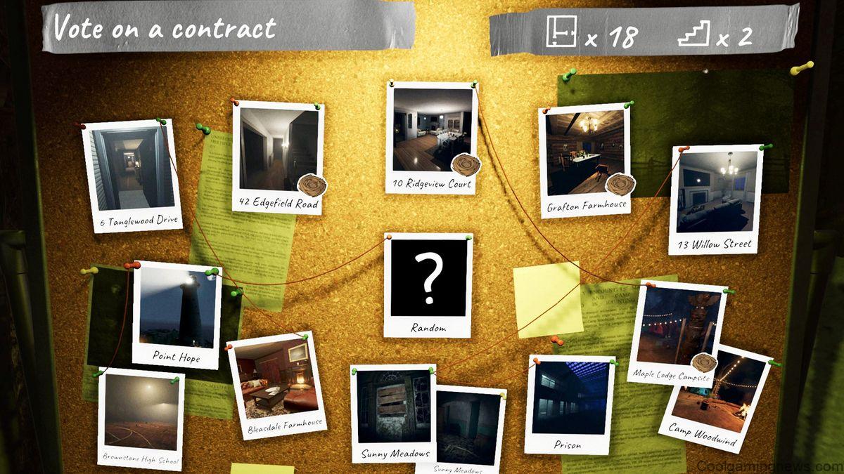 The contract selection screen for Phasmophobia, some map levels are highlighted by small nest icons.