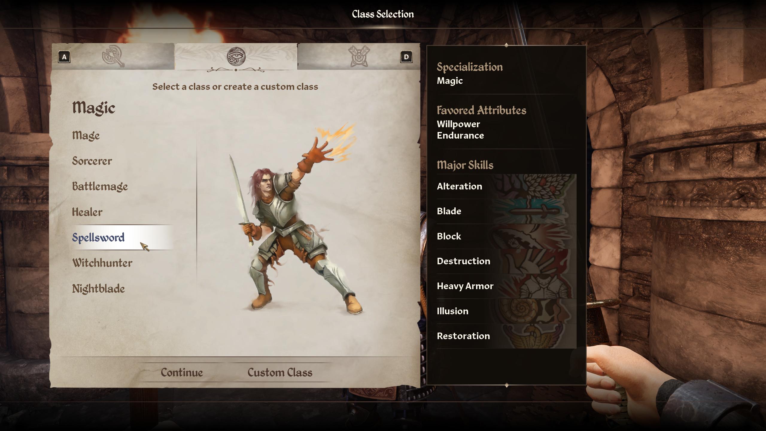 Oblivion best class - The overview screen of the Spellsword class.