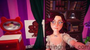 Player taking photo with a painting of the Cheshire Cat tree in Disney Dreamlight Valley