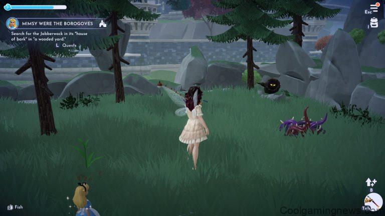 Disney Dreamlight Valley Jabberwock in the Forest of Valley in a log