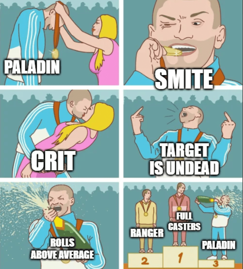 Paladin: Crit smite on undead; Full casters: Ranger rolls above average.