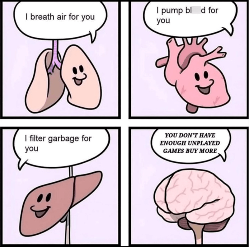 I breathe air for you. I filter garbage for you. I pump blood for you. YOU DON'T HAVE ENOUGH UNPLAYED GAMES, BUY MORE!