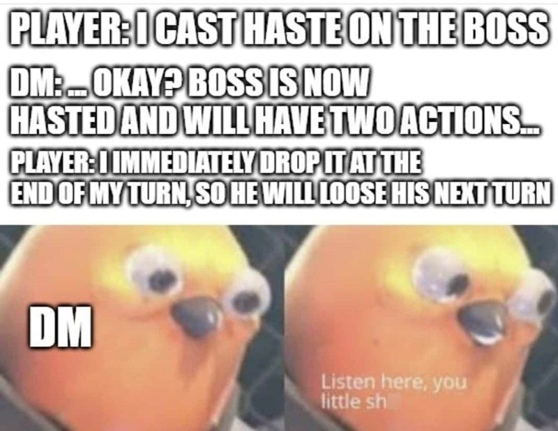 PLAYER: I CAST HASTE ON THE BOSS DM: OKAY? BOSS IS NOW HASTED AND WILL HAVE TWO ACTIONS... PLAYER: I IMMEDIATELY DROP IT AT THE END OF MY TURN, SO HE WILL LOOSE HIS NEXT TURN DM Listen here, you little sh