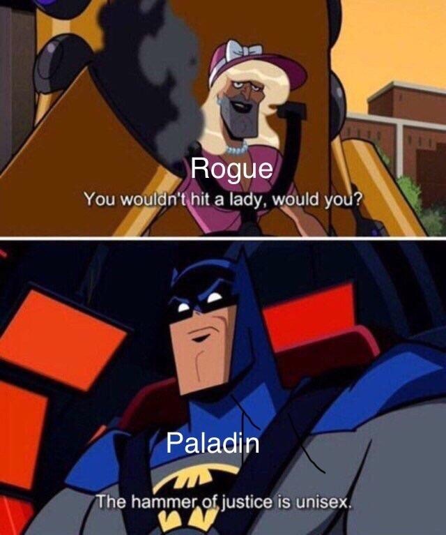 Rogue: You wouldn't hit a lady, would you? Paladin: The hammer of justice is unisex.