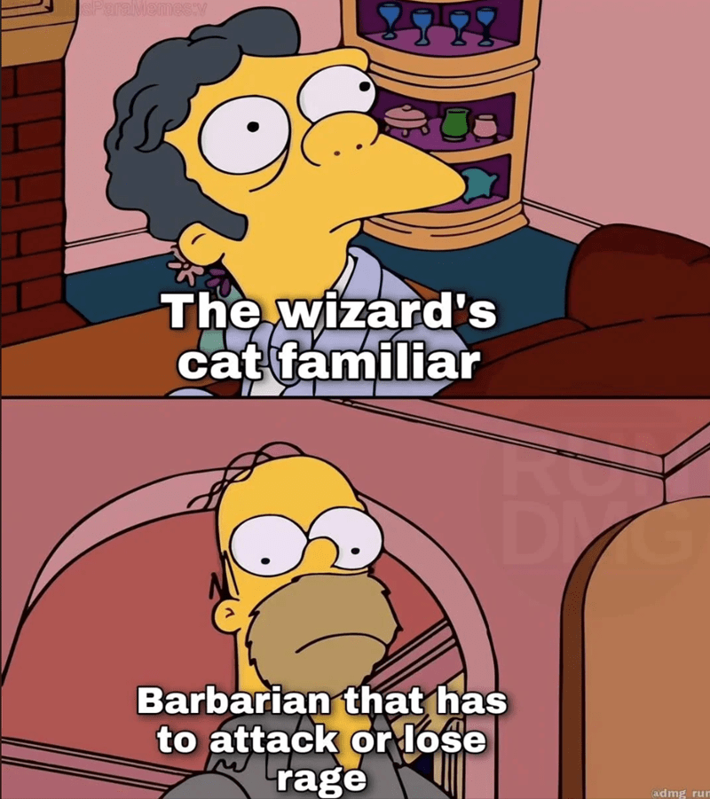 The wizard's cat familiar Barbarian that has to attack or lose rage