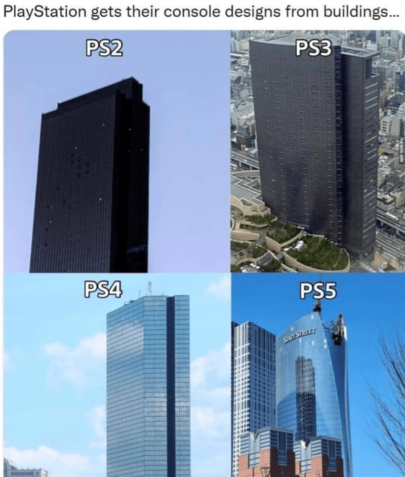 PlayStation gets their console designs from buildings... PS2 PS4 PS3 PS5 STATE STREET