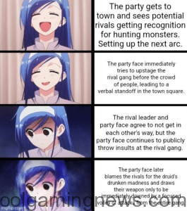 The party gets to town and sees potential rivals getting recognition for hunting monsters.