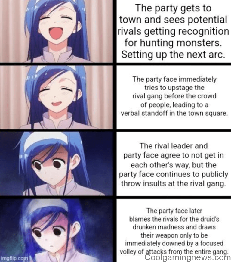 The party gets to town and sees potential rivals getting recognition for hunting monsters.