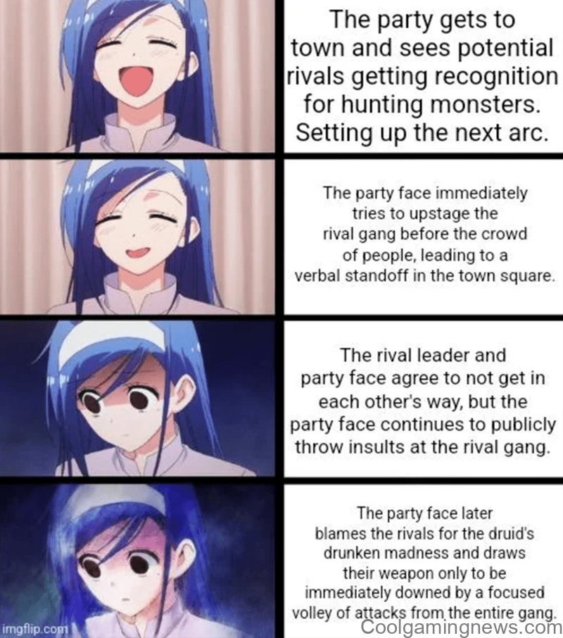 The party gets to town and sees potential rivals getting recognition for hunting monsters.