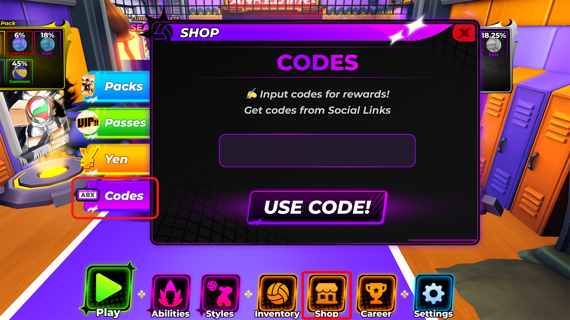 Volleyball Legends code redemption screen.