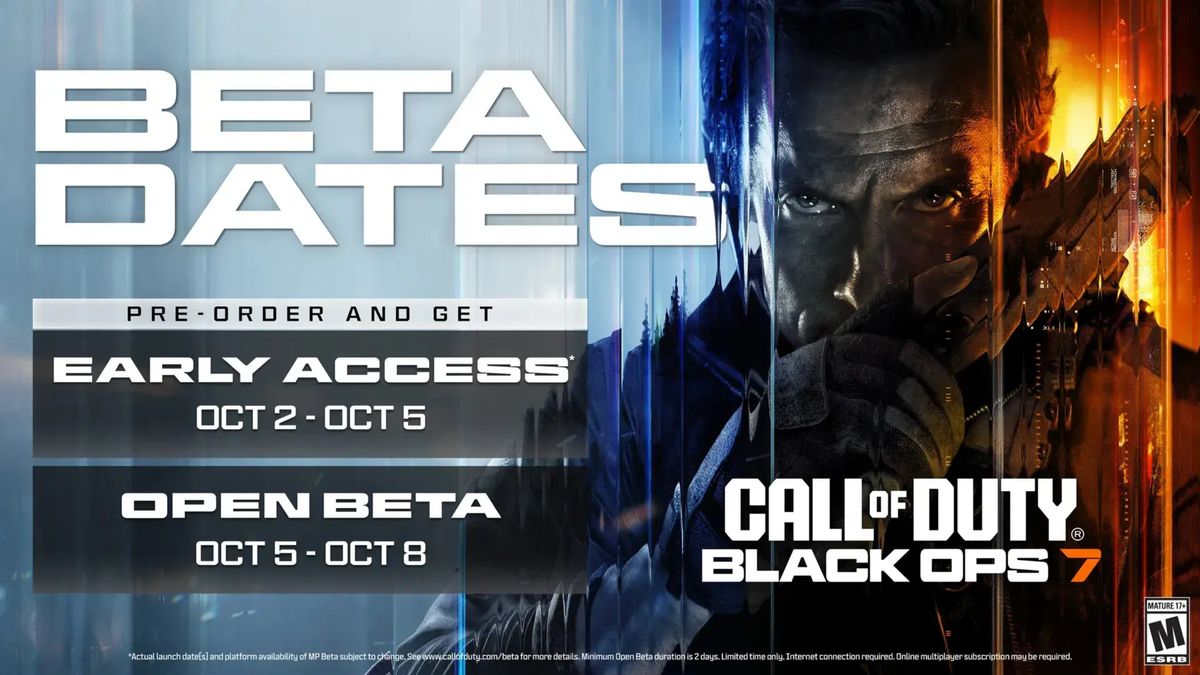 Call of Duty Black Ops 7 beta: An infographic showing the beta dates next to a masculine character holding a pistol across their face.