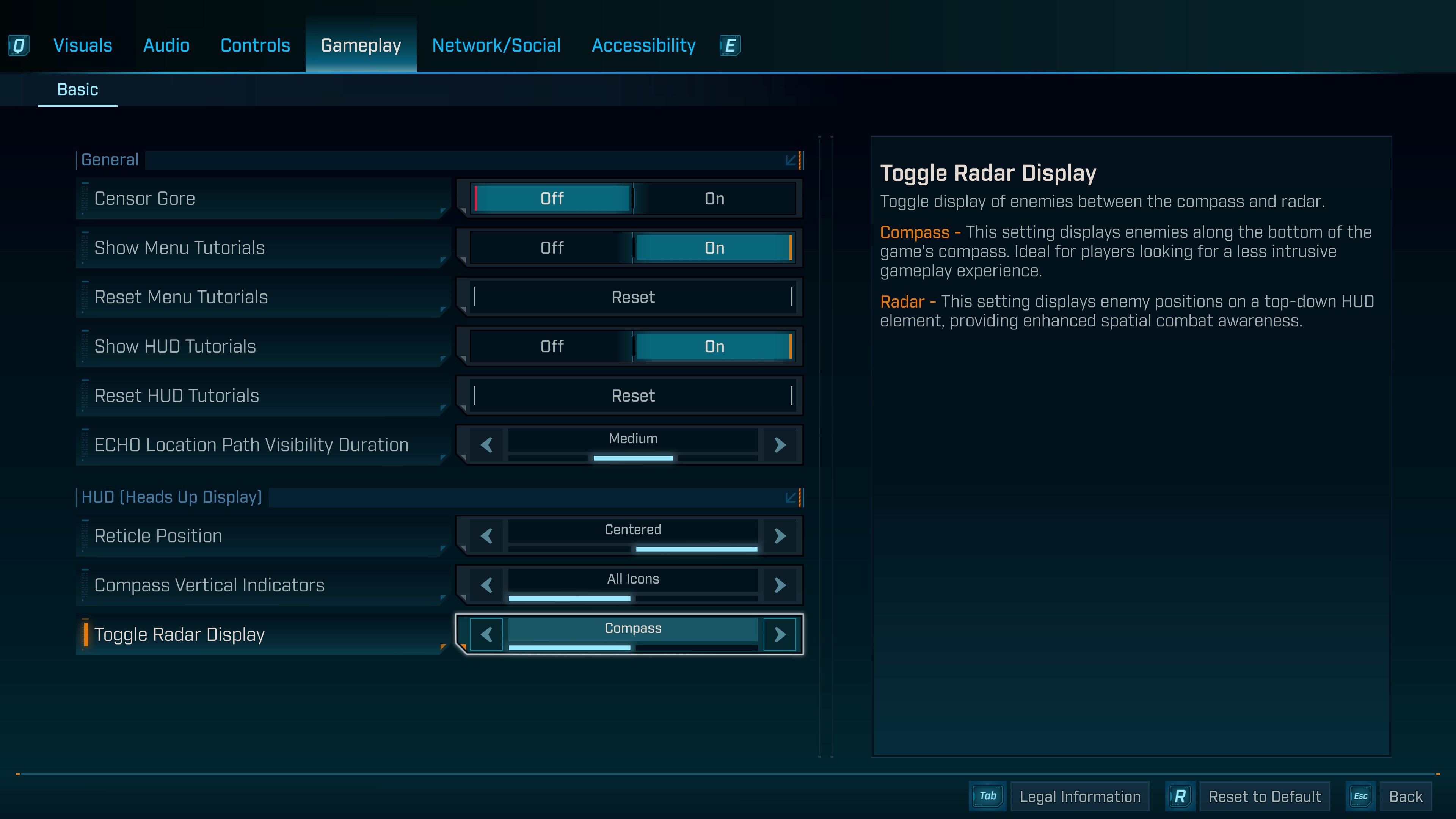 Borderlands 4 minimap setting: A screenshot of the 'gameplay' tab in the settings menu, showing the option to toggle the radar display for enemy positions.