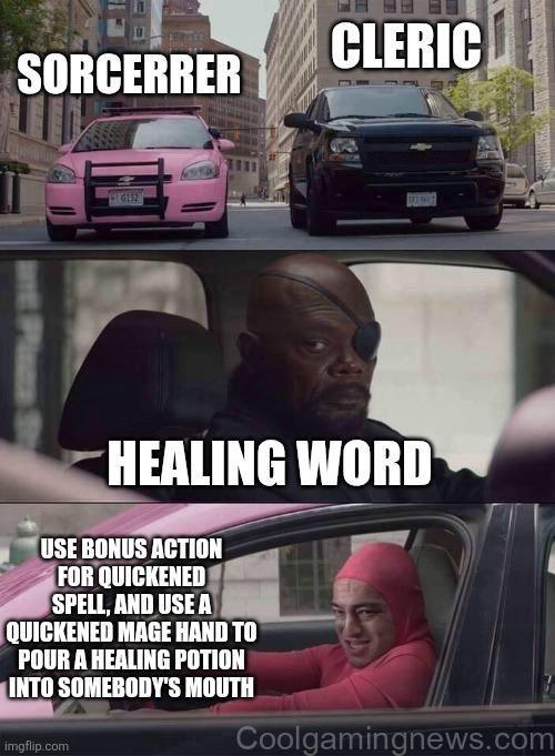 Cleric and Sorcerer meme about healing spells.
