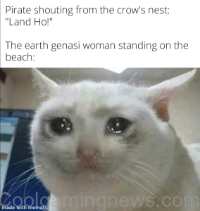 Pirate shouting from the crow's nest: "Land Ho!" The earth genasi woman standing beach.