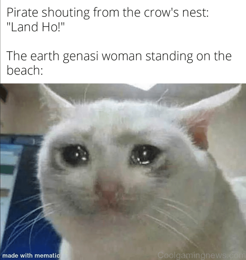 Pirate shouting from the crow's nest: "Land Ho!" The earth genasi woman standing beach.