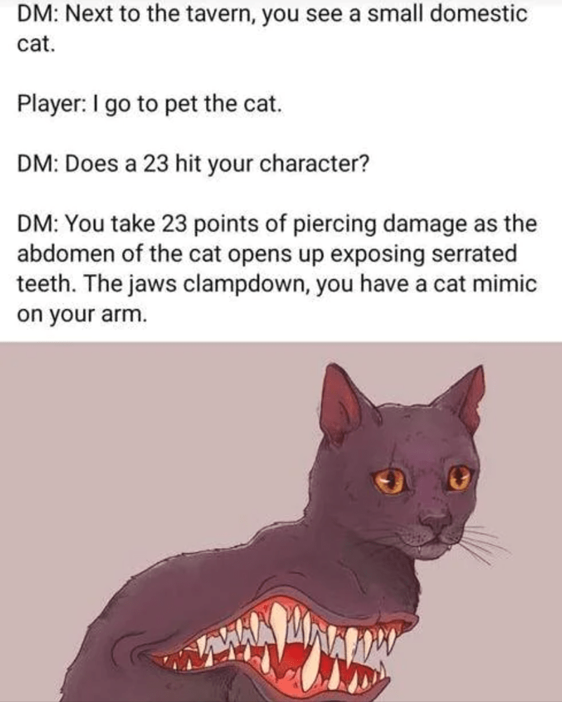 DM: Next to the tavern, you see a small cat. Player: I go to pet the cat.