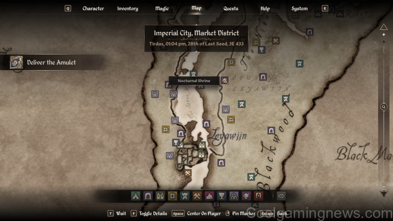 Oblivion Remastered map showing the location of Nocturnal Shrine north of Leyawiin