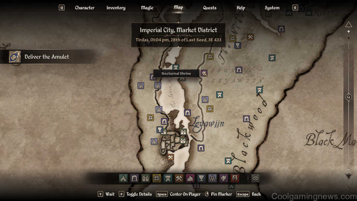 Oblivion Remastered map showing the location of Nocturnal Shrine north of Leyawiin