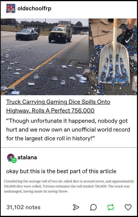 Truck carrying gaming dice spills onto highway, rolls a perfect 756,000.