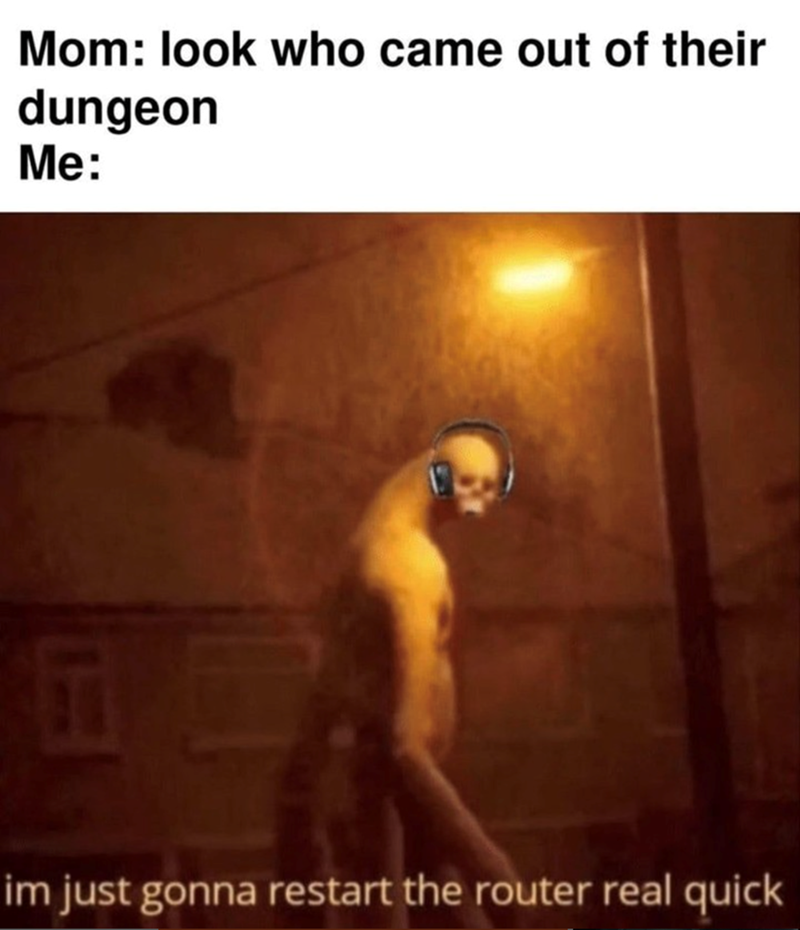 Mom: look who came out of their dungeon. Me: I'm just gonna restart the router real quick