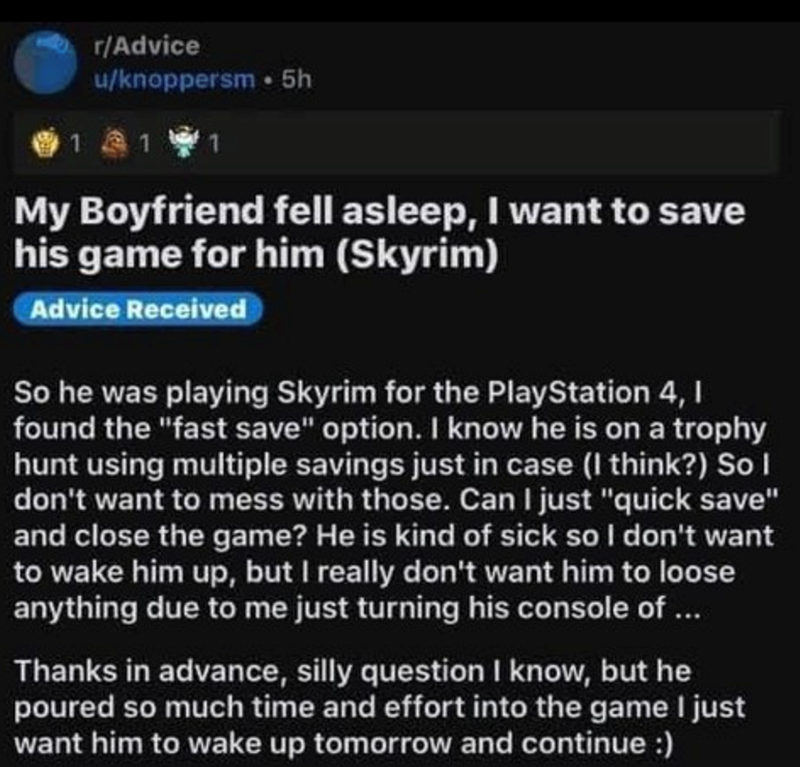 Advice on saving a boyfriend's Skyrim game